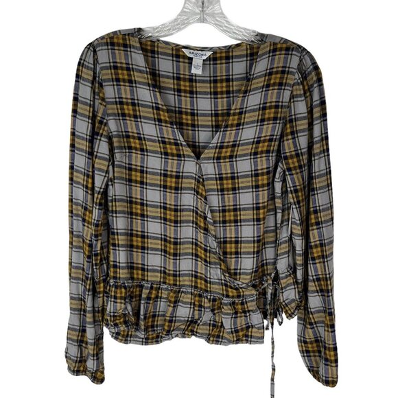 Arizona Jeans Wrap Shirt Top Womens Small Plaid Grey Yellow Blue New - Picture 1 of 10